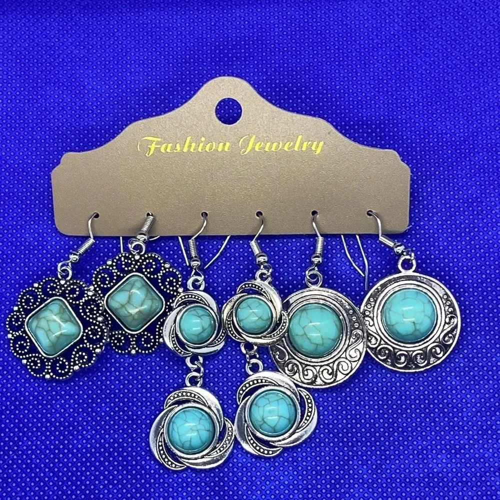New bohemian geometric pattern faux turquoise earrings antique finish 3 pair